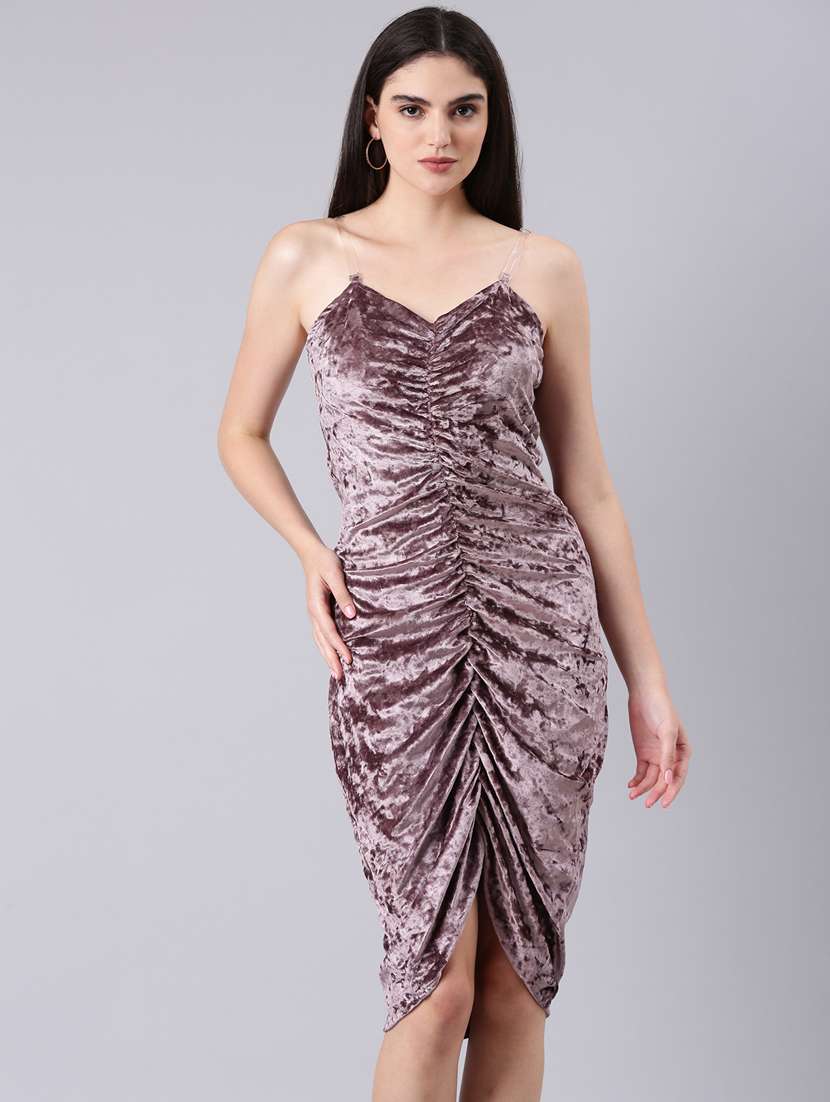 women lavender solid ruched dress