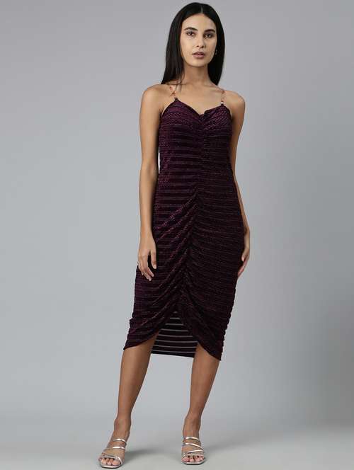 purple self designed shoulder strap bodycon dress - 20383349 - Standard Image - 0