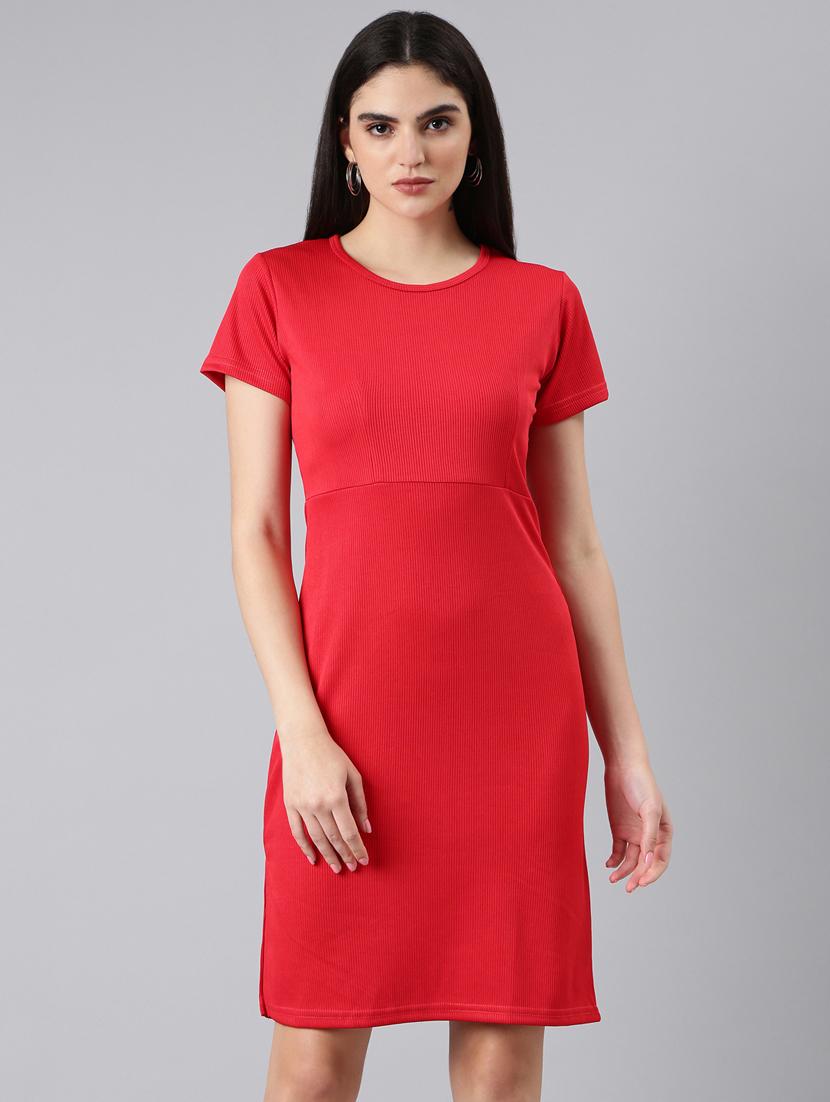 red solid short sleeves bodycon dress - 20383355 -  Zoom Image - 0