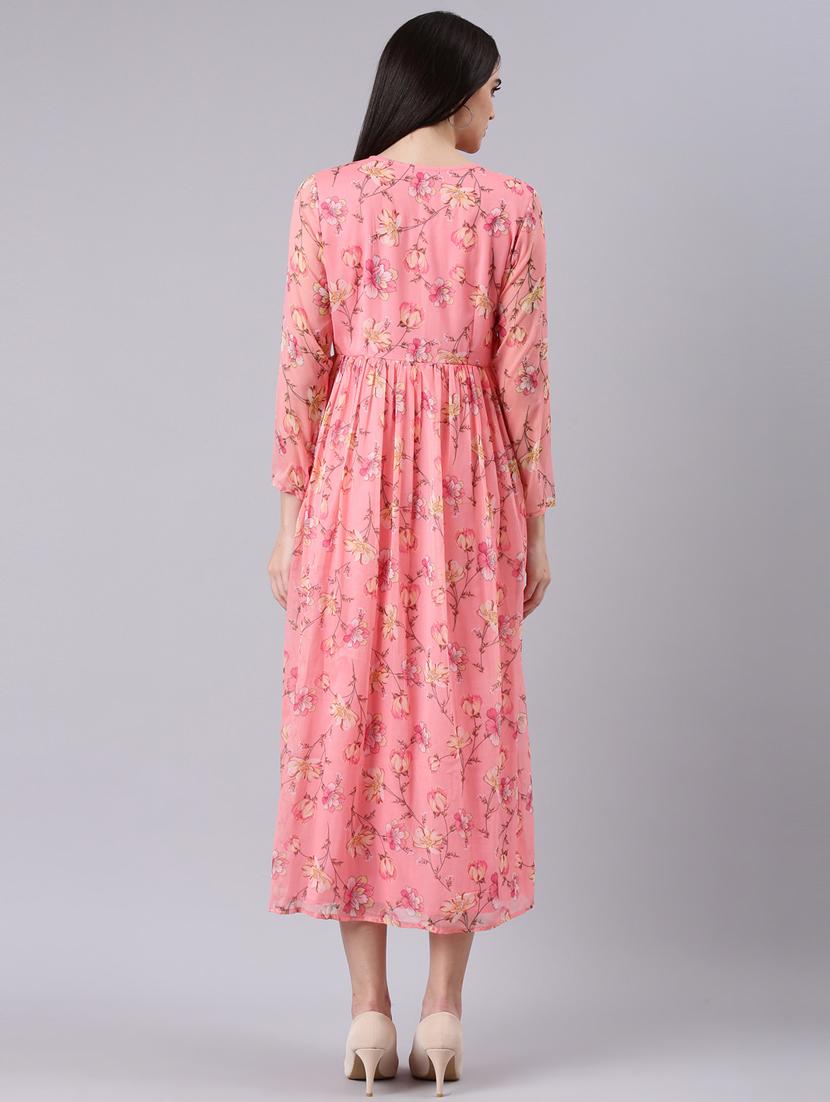 women peach printed cotton empire line dress - 20383363 - Standard Image - 2