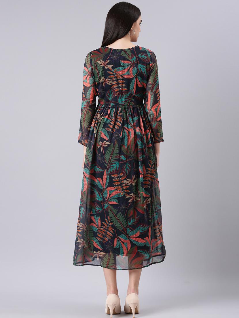 dark blue tropical print fit & flare dress - 20383365 - Standard Image - 2