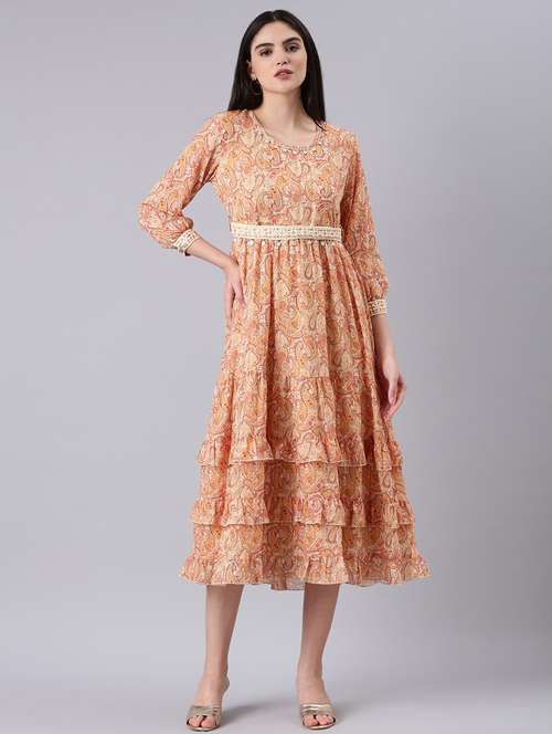 beige paisley print tiered dress - 20383367 - Standard Image - 0