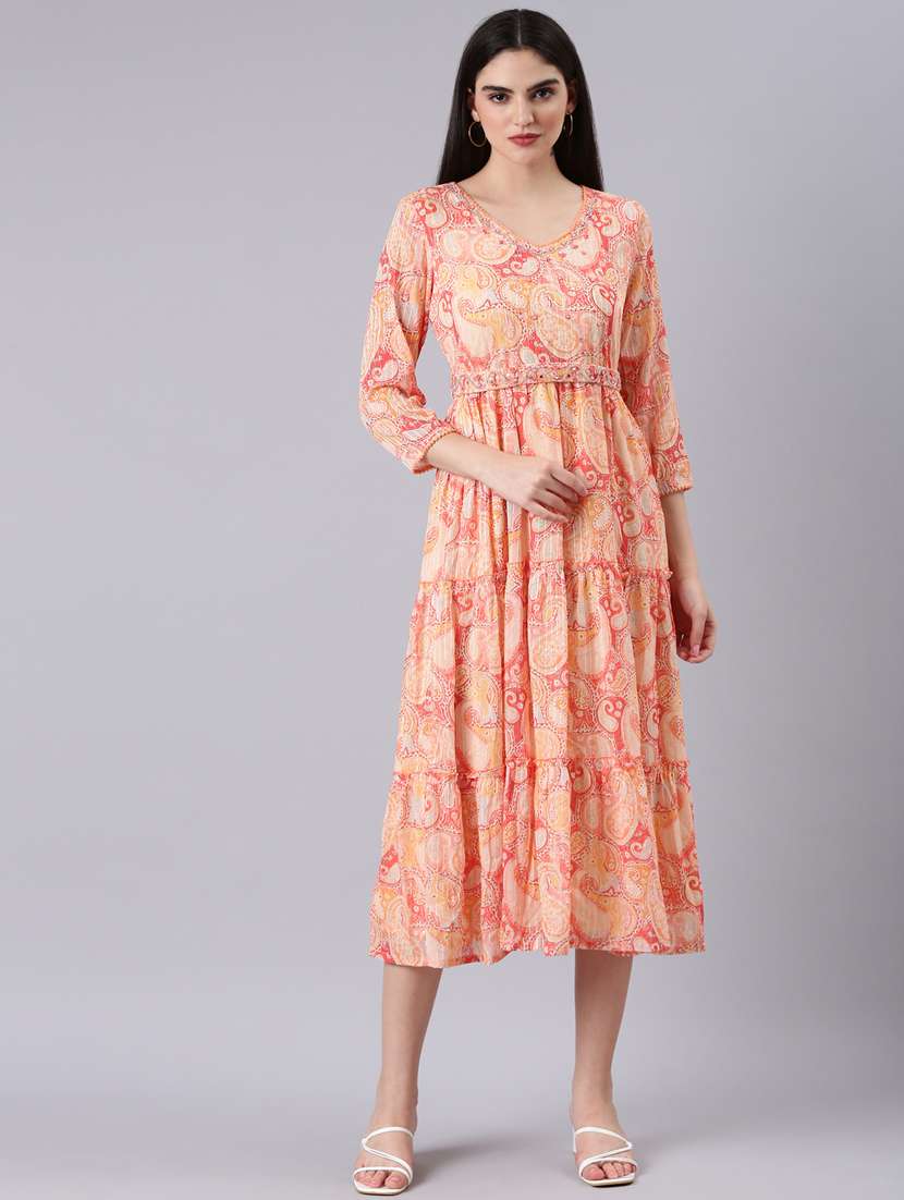 peach paisley print tiered dress - 20383368 - Zoom Image - 0