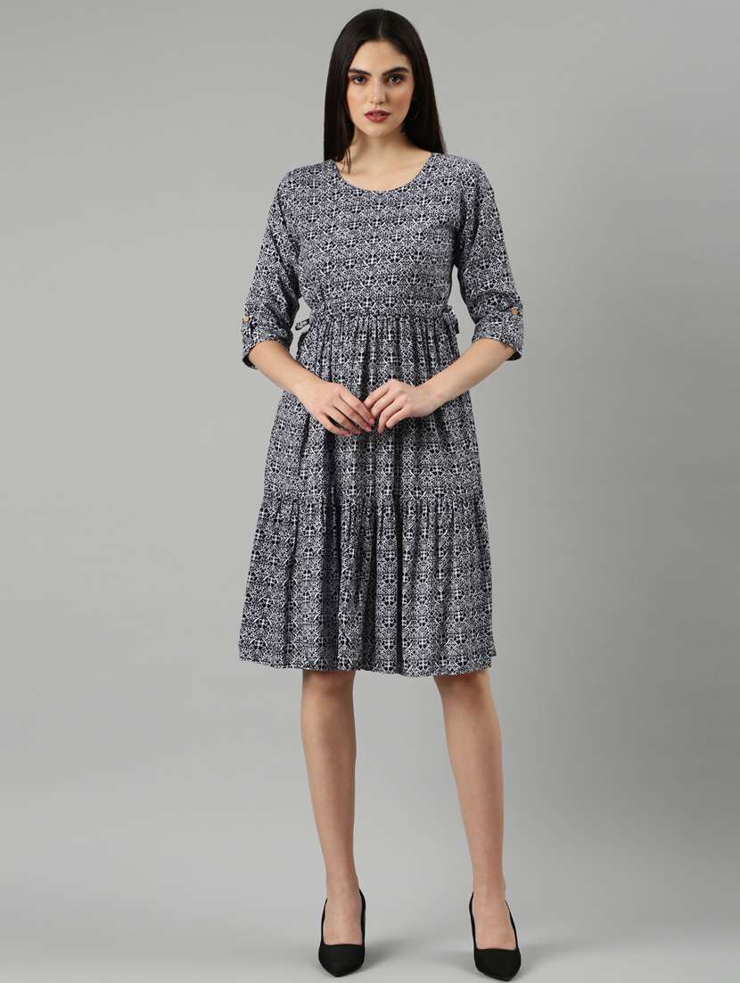navy blue printed fit & flare dress
