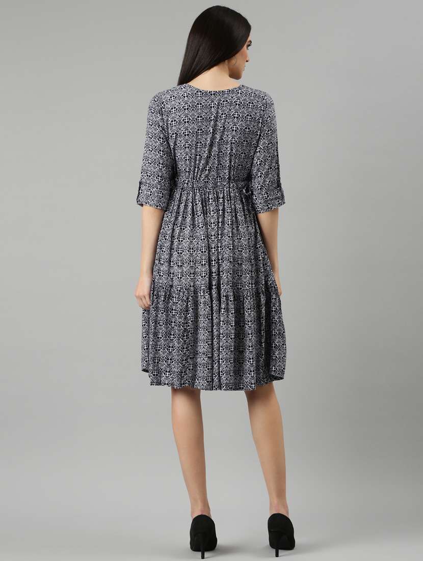 navy blue printed fit & flare dress - 20383372 -  Standard Image - 2