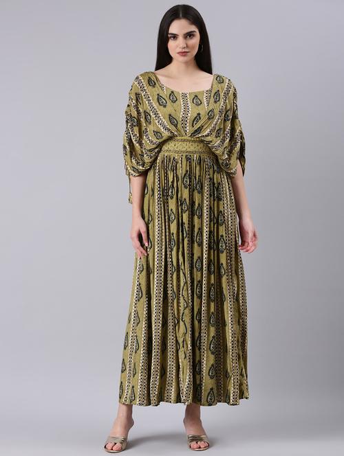 olive printed fit & flare dress - 20383418 - Standard Image - 0