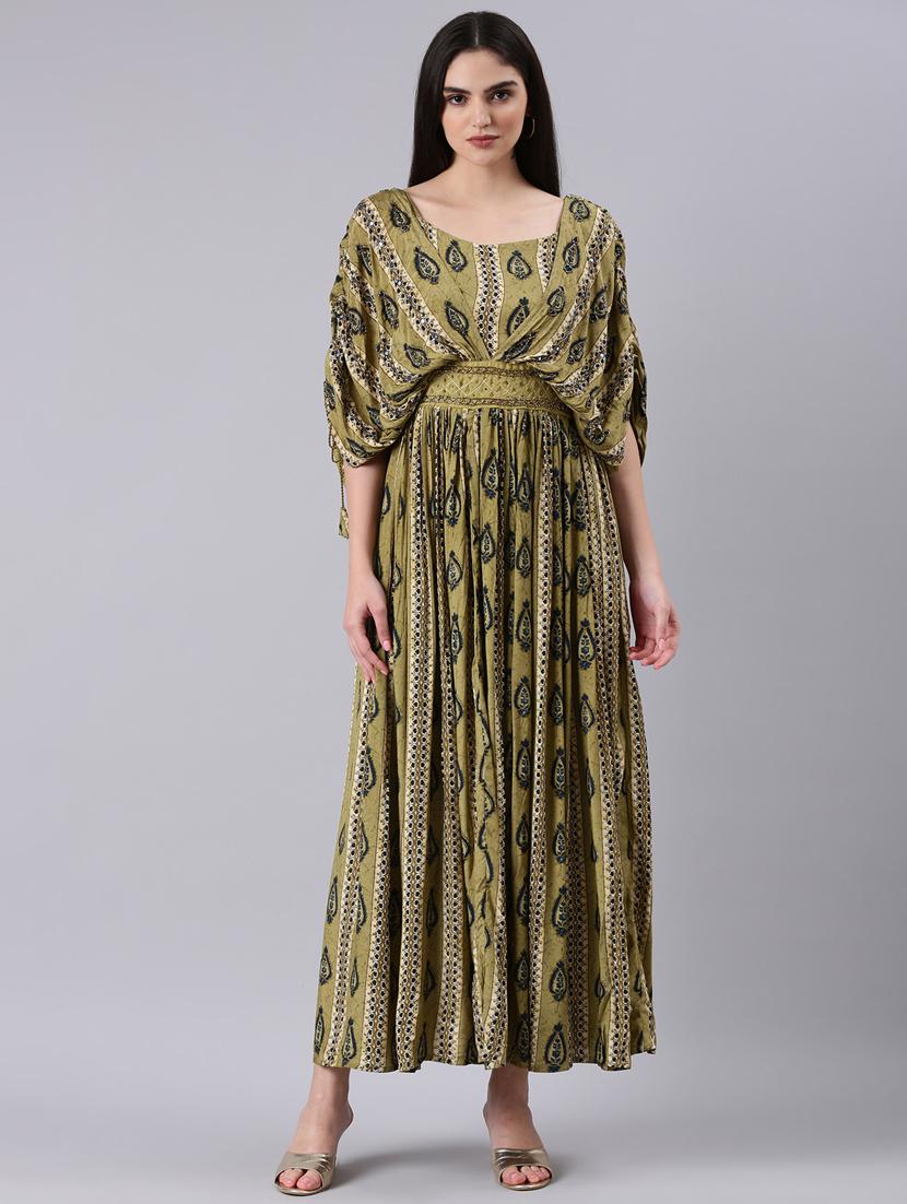 olive printed fit & flare dress - 20383418 - Zoom Image - 0