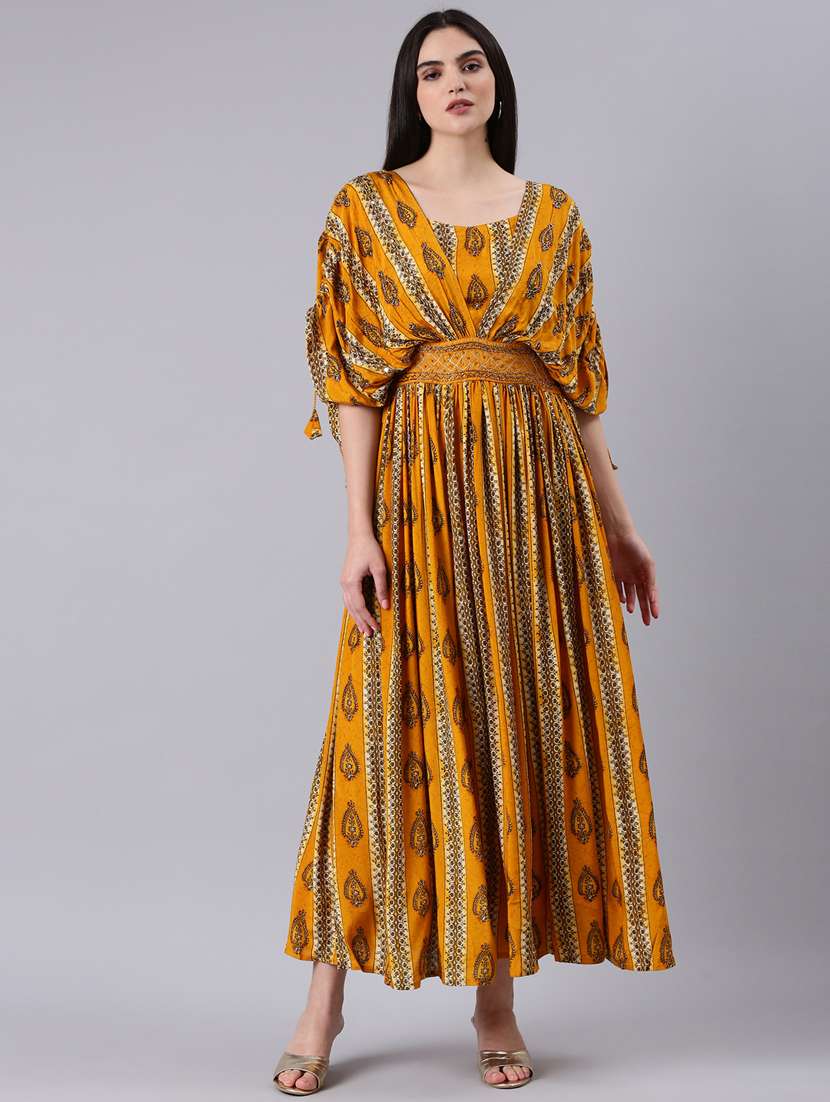 mustard printed maxi dress