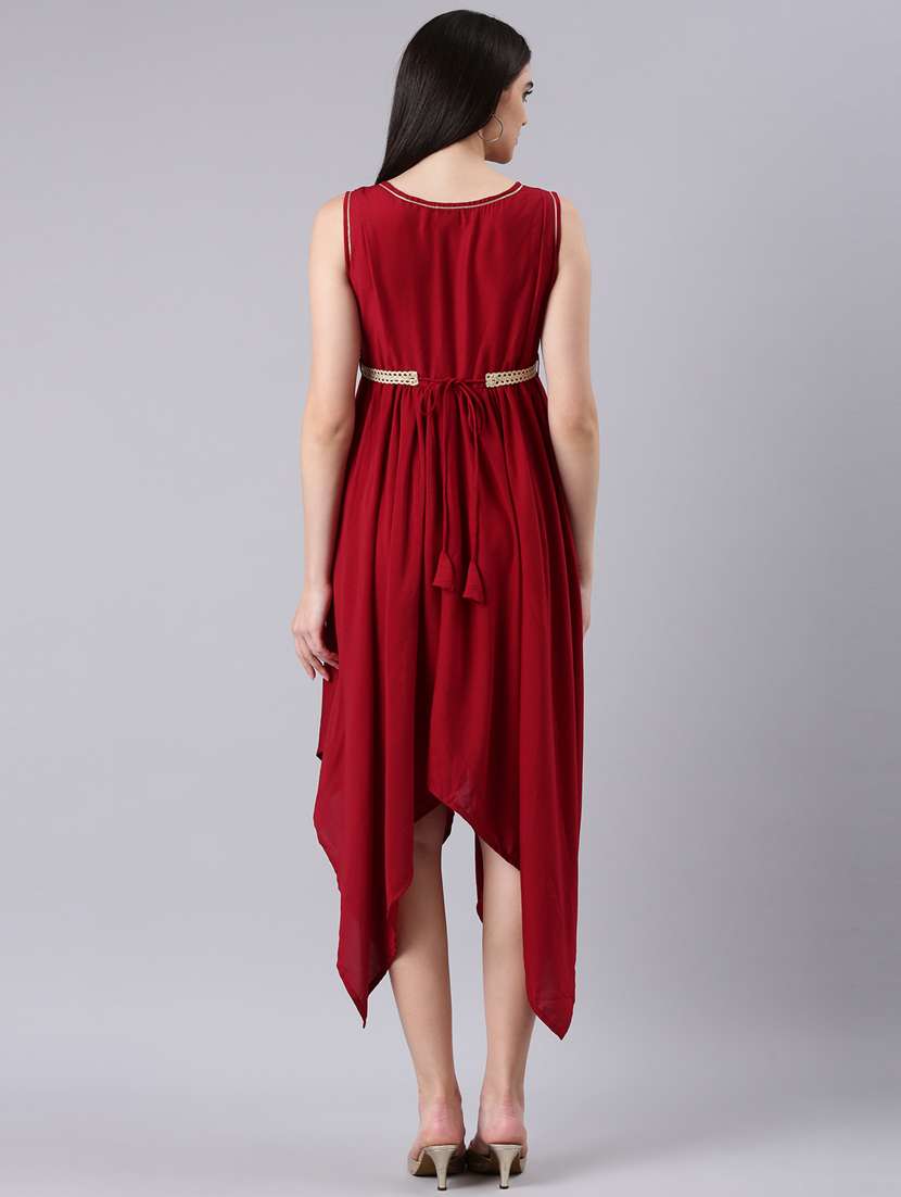 maroon solid with work asymmetric dress - 20383422 -  Standard Image - 2