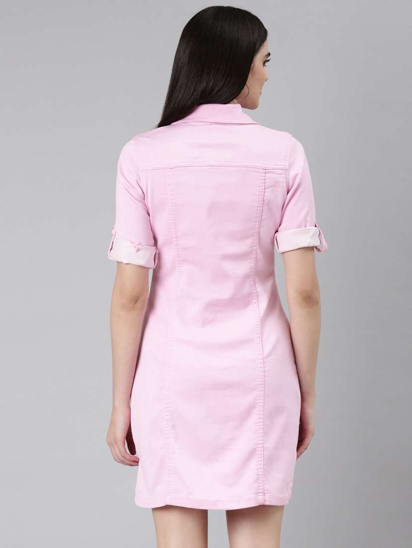 pink solid short sleeves a-line dress - 20383439 -  Standard Image - 2