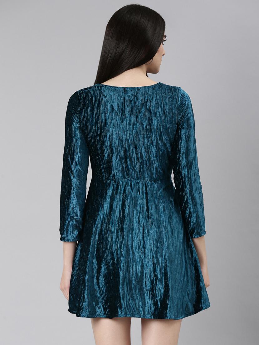 teal self designed fit & flare dress - 20383444 - Standard Image - 2
