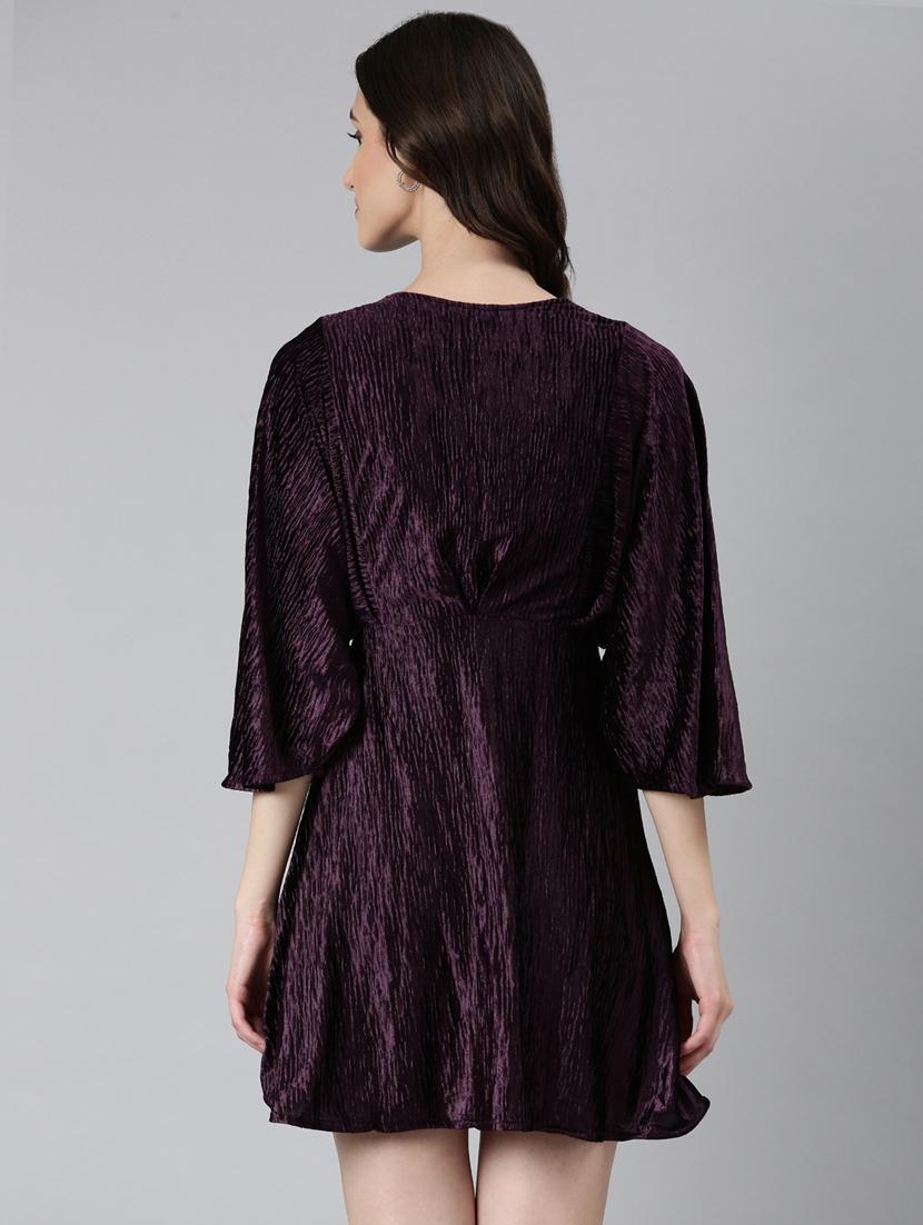 purple solid v neck fit & flare dress - 20383453 - Standard Image - 2