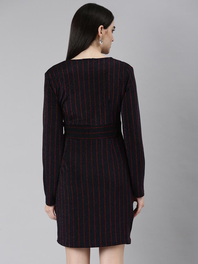 navy blue stripes wrap dress - 20383458 - Standard Image - 2