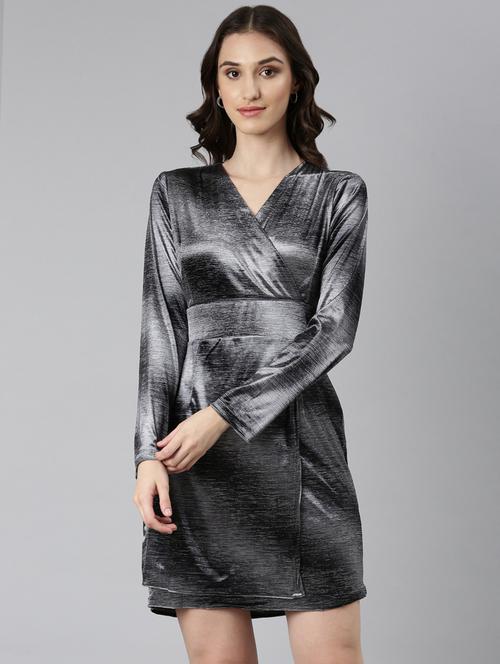 silver solid long sleeves bodycon dress - 20383461 -  Standard Image - 0