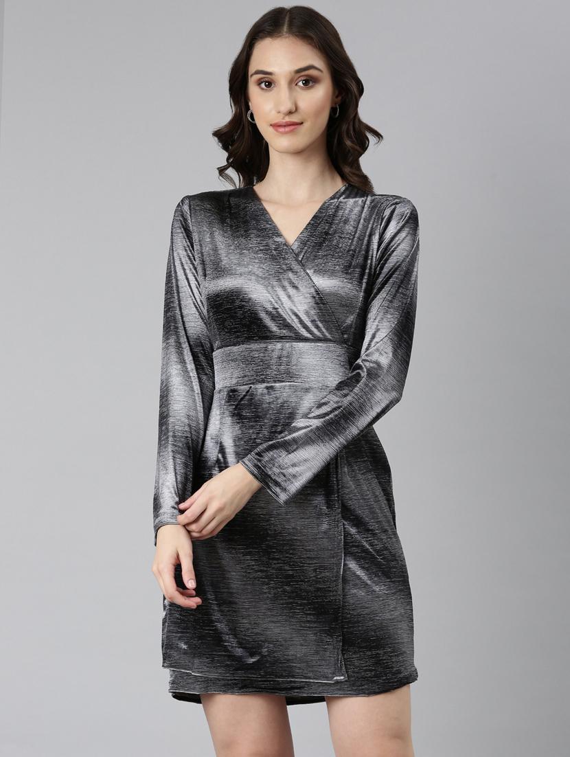 silver solid long sleeves bodycon dress - 20383461 -  Zoom Image - 0