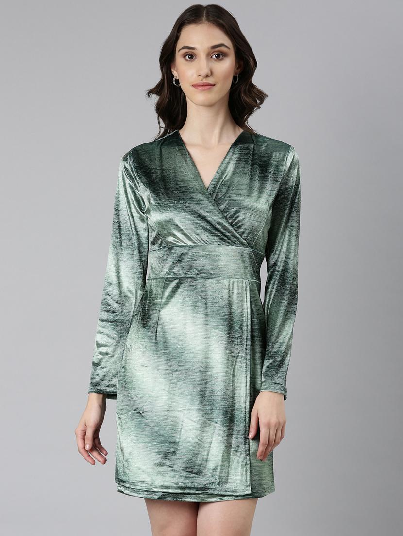 green solid long sleeves bodycon dress - 20383462 -  Zoom Image - 0