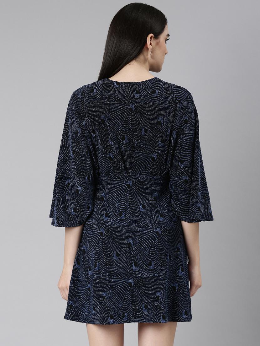 navy blue self designed a-line dress - 20383466 - Standard Image - 2