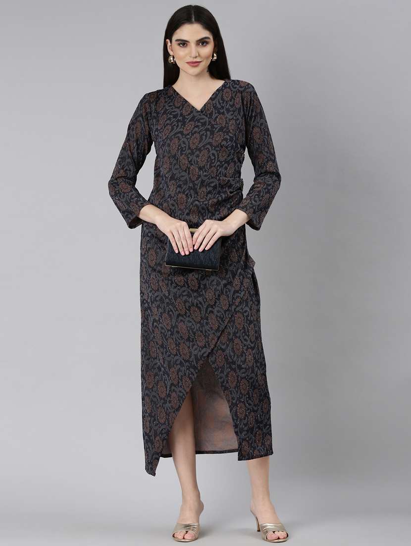 navy blue self design wrap dress