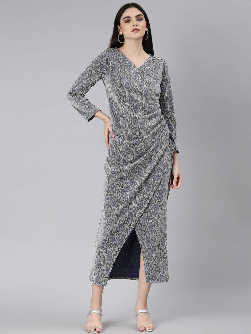silver self design wrap dress