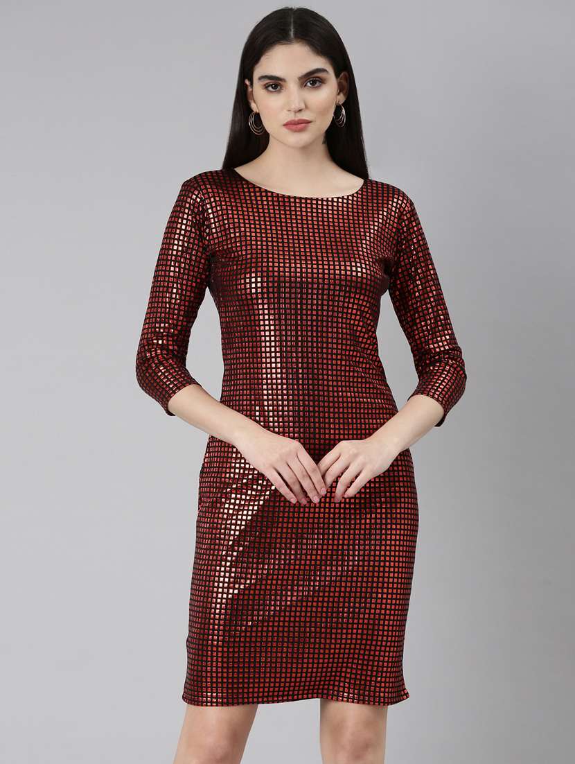 red foil print sheath dress