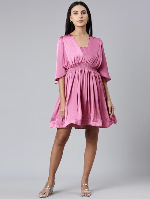 pink solid fit & flare dress - 20383521 - Standard Image - 0