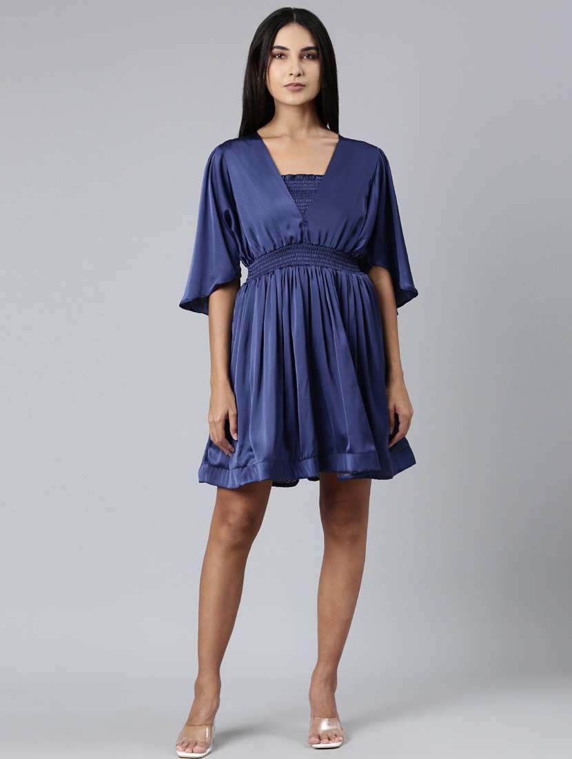 navy blue solid a-line dress