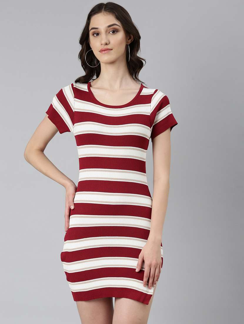 women multi color striped acrylic bodycon dress