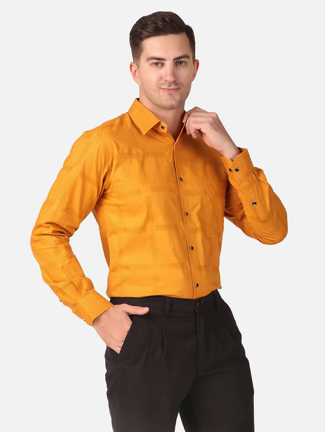 men mustard self design ormal shirt - 20383548 - Standard Image - 2