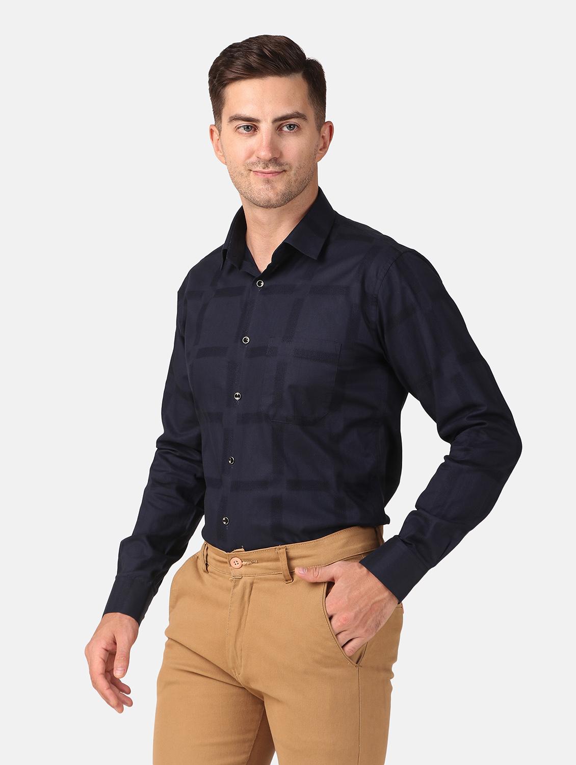 men navy blue self design slim fit cotton casual shirt - 20383552 - Standard Image - 2