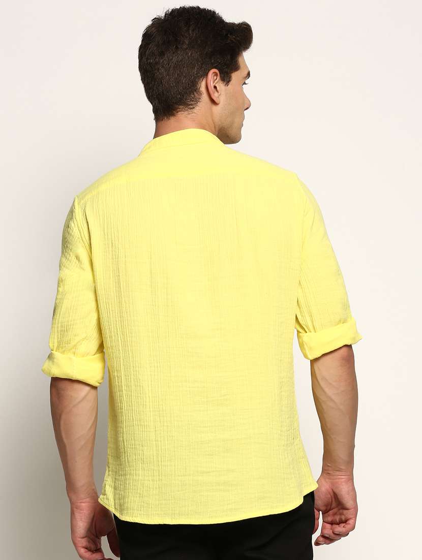 men solid yellow cotton blend short kurta - 20383852 -  Standard Image - 2