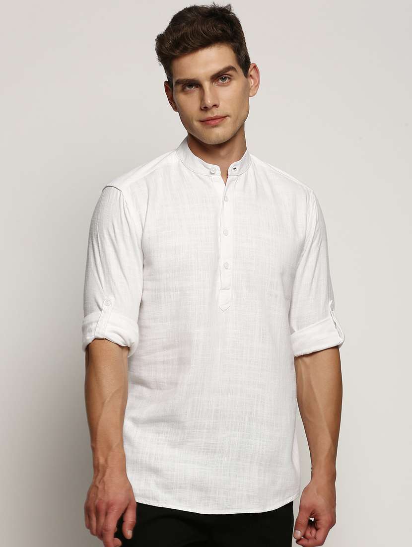 men white solid slim fit cotton blend short kurtas kurta