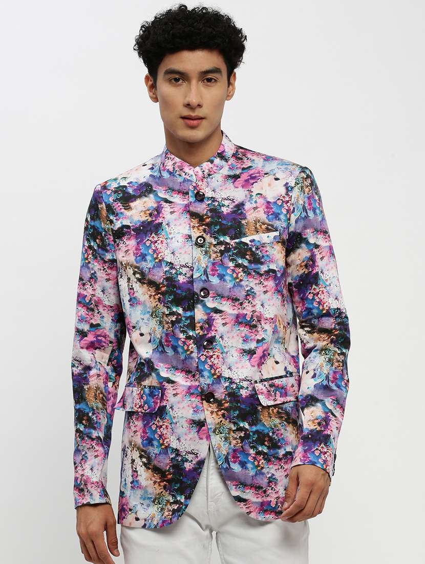 men multi colored printed cotton blend bandhgalas casual blazer