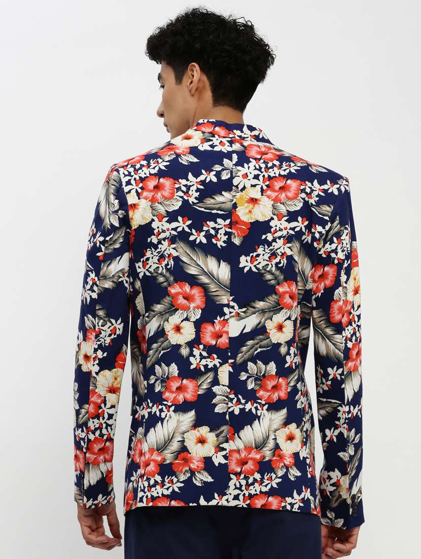 men navy blue floral printed single breasted casual blazer - 20383864 - Standard Image - 2