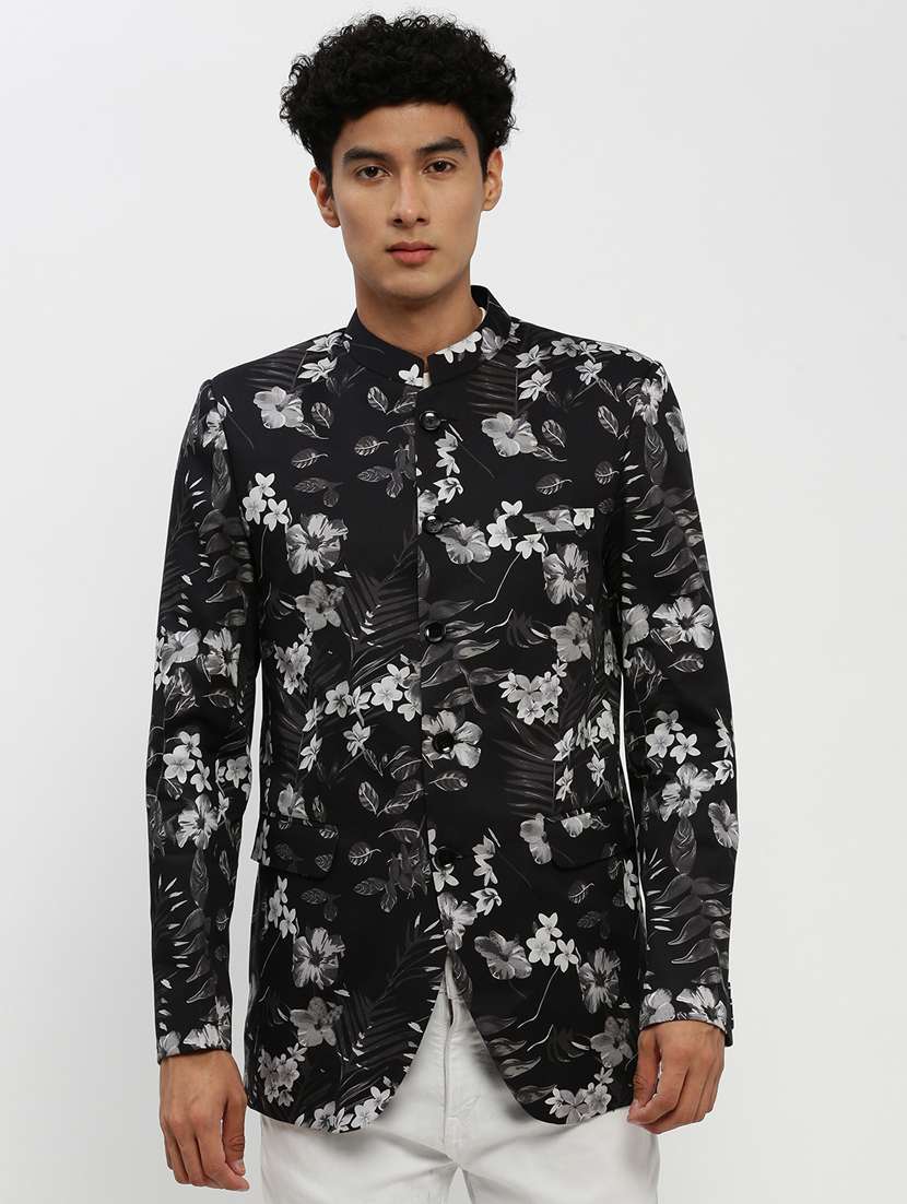 men floral printed black cotton blend bandhgalas casual blazer