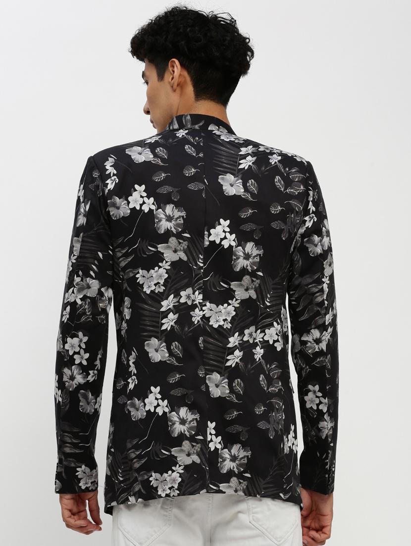 men floral printed black cotton blend bandhgalas casual blazer - 20383872 - Standard Image - 2