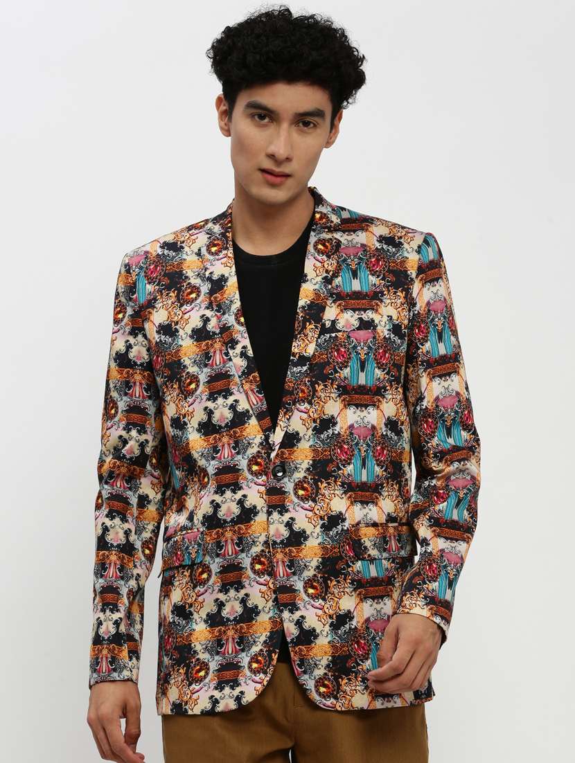 men multi colored printed cotton blend single breasted casual blazer