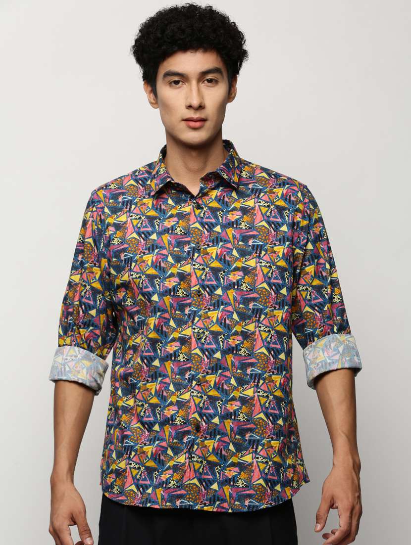 men multi colored geometric print cotton blend casual shirt