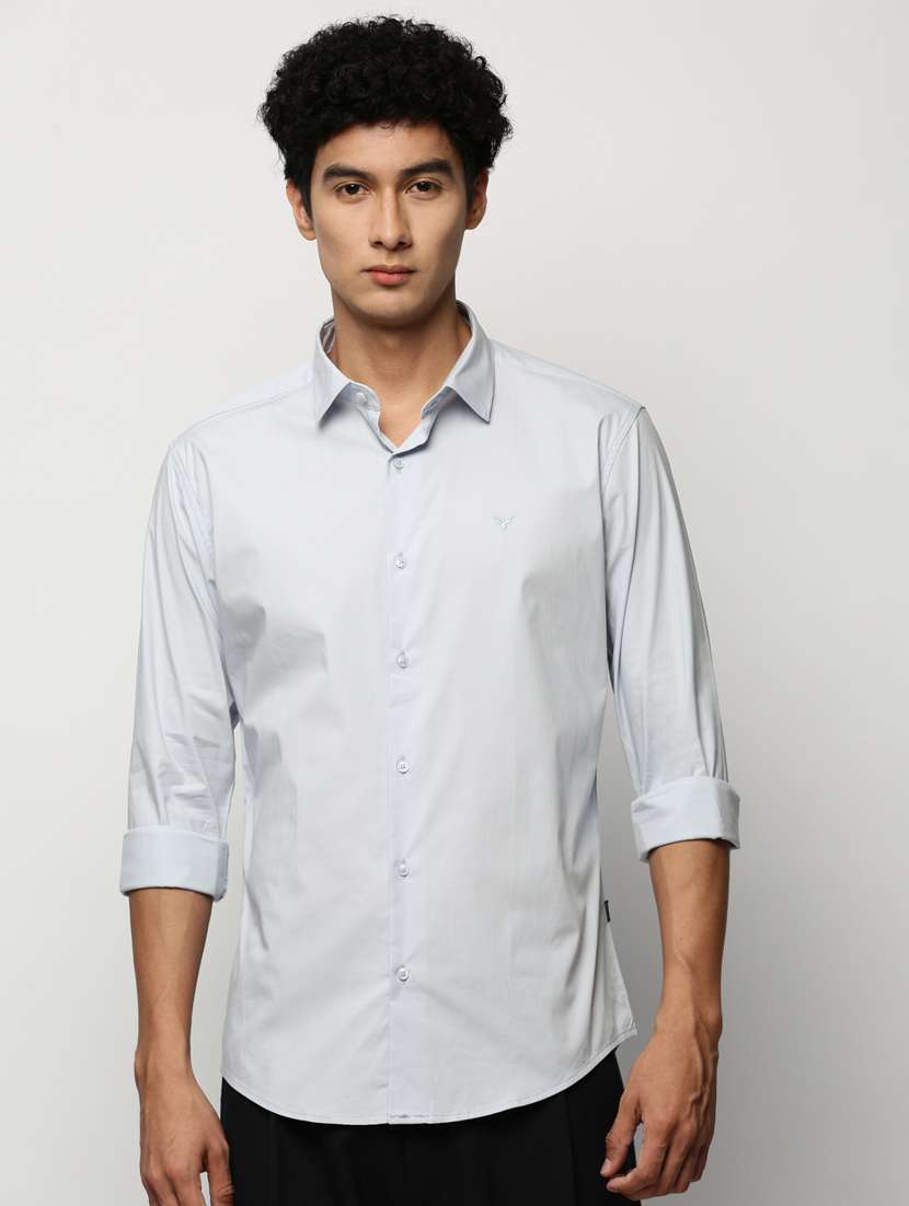 men light blue solid cotton blend casual shirt