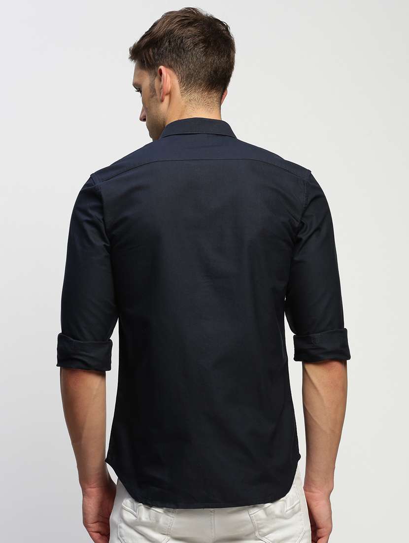 men solid navy blue slim fit cotton blend casual shirt - 20383944 -  Standard Image - 2