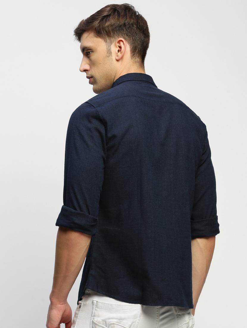 men navy blue solid cotton blend casual shirt - 20383946 - Standard Image - 2