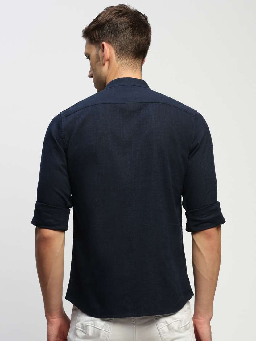 men navy blue solid cotton blend casual shirt - 20383951 - Standard Image - 2