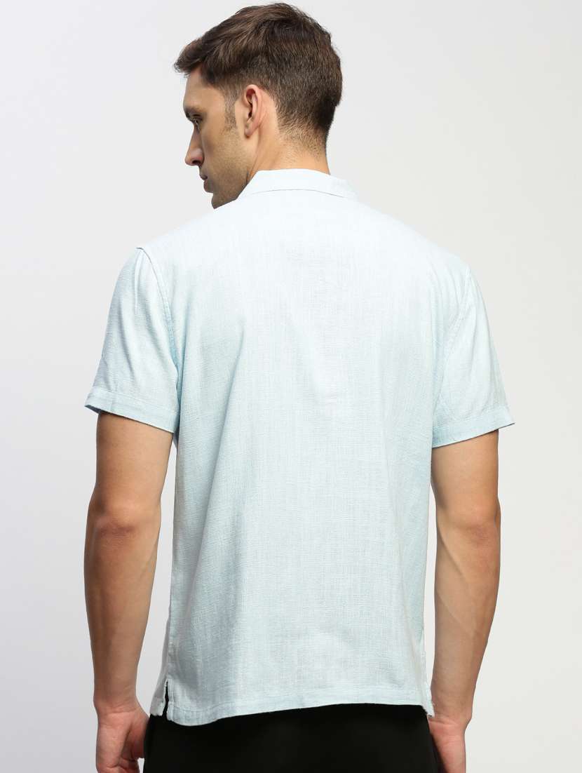 men purist blue solid cuban collar cotton blend casual shirt - 20383959 -  Standard Image - 2