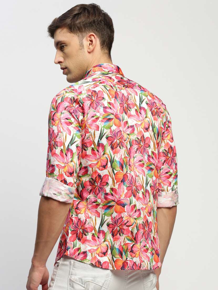 men pink floral print cotton blend casual shirt - 20383969 -  Standard Image - 2