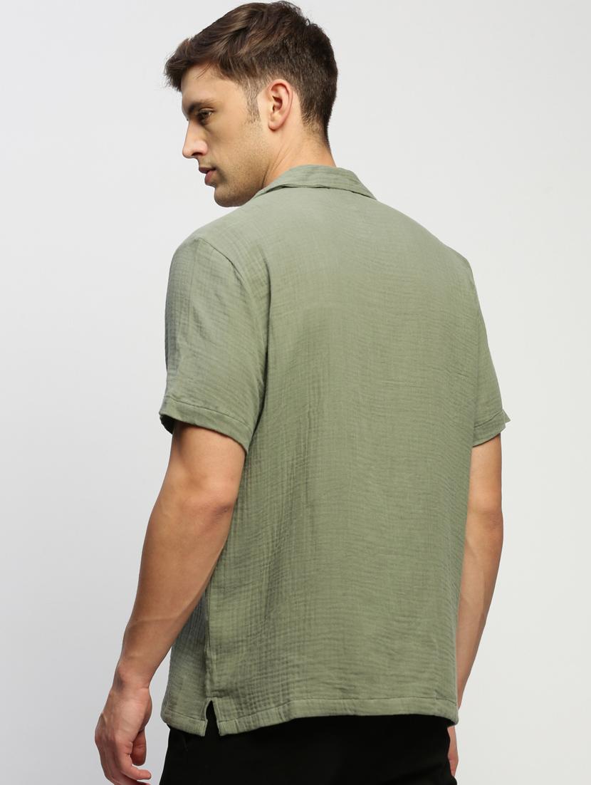 men olive cotton blend casual shirt - 20383975 - Standard Image - 2