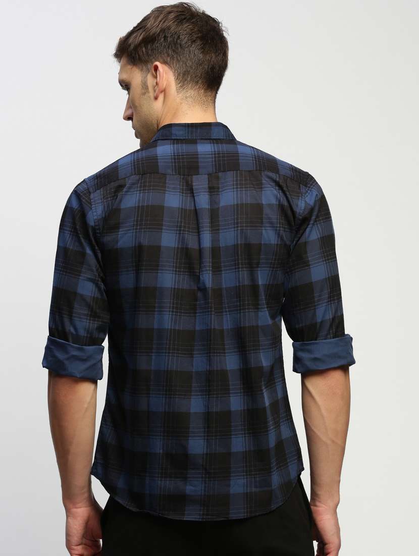 men navy blue checkered cotton blend casual shirt - 20383985 -  Standard Image - 2