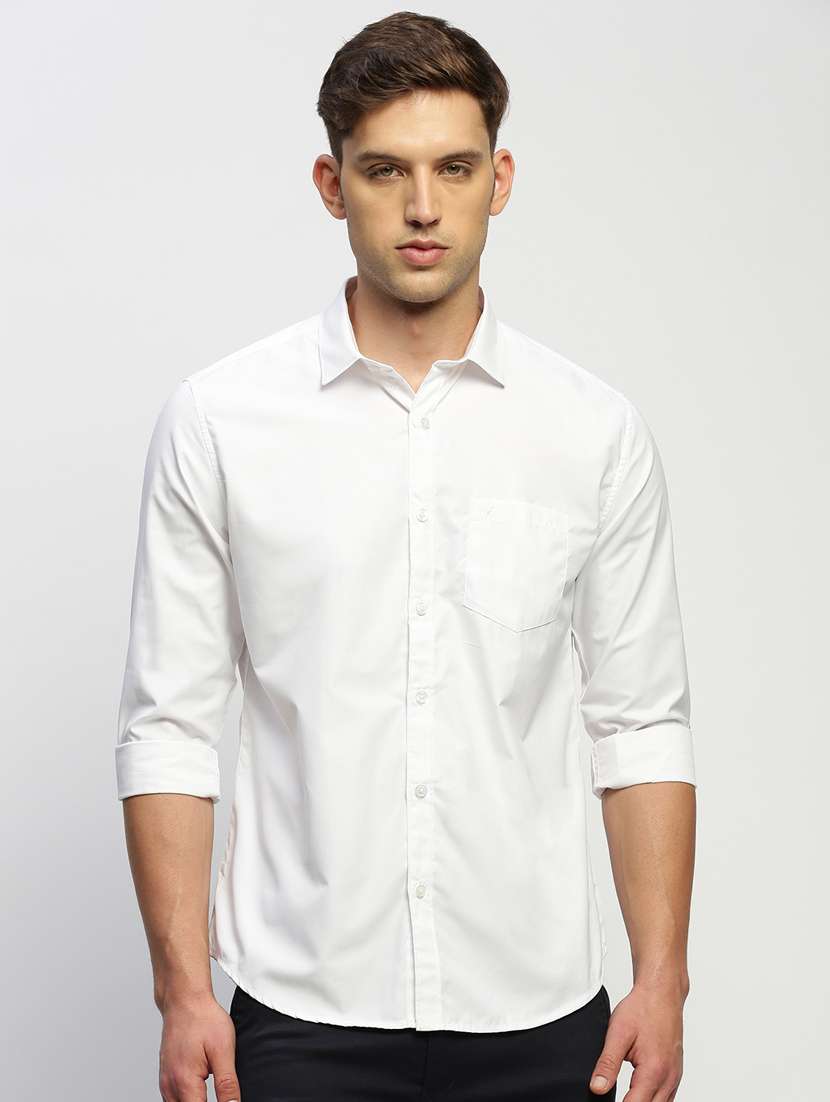 men white solid cotton blend casual shirt