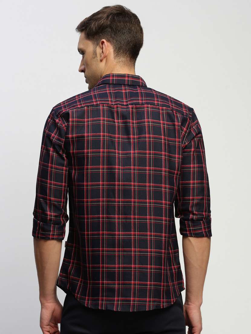 men navy blue checkered slim fit cotton blend casual shirt - 20384031 - Standard Image - 2