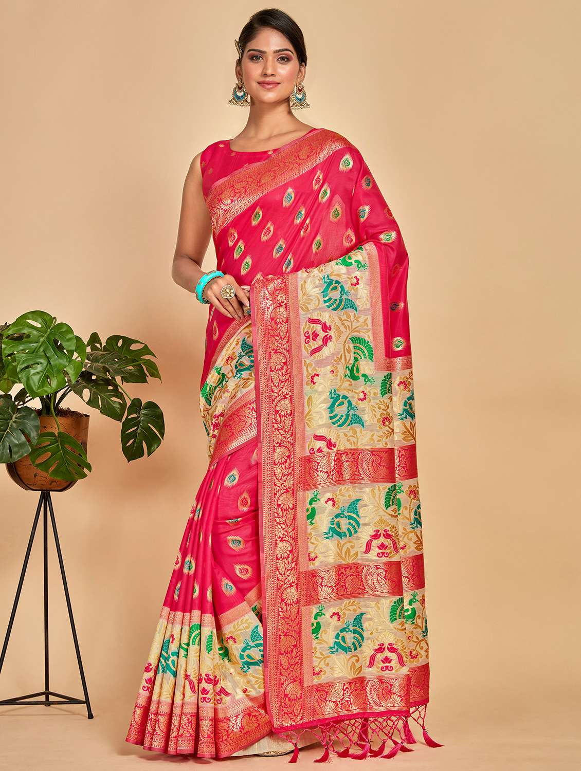 women's self design pink colored saree with blouse