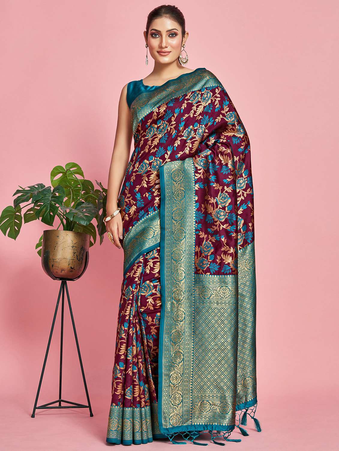 women's floral purple colored saree with blouse