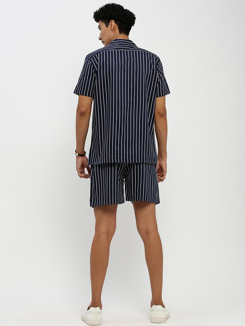 men navy blue vertical striped cotton blend co-ord set - 20384298 - Standard Image - 2